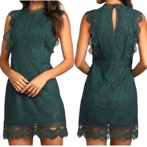 Lulus Dark green Lace Mock Neck Mini Dress Small